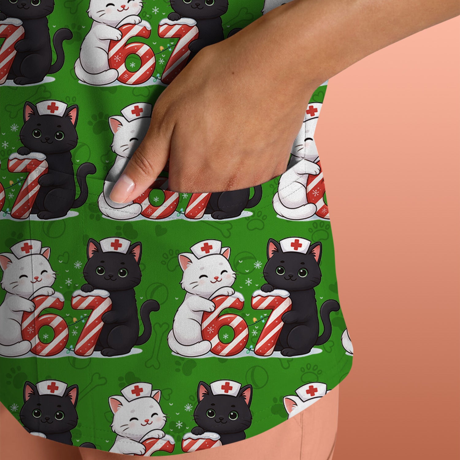 Xmas Cat Pattern Scrub Top, Christmas Nurse Six Seven With Cat Scrub Shirt, Breathable Fabrics Nursing Uniform