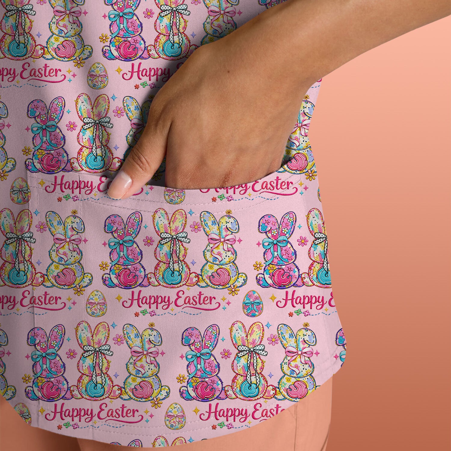 Pink Happy Easter Bunny Pattern Scrub Top, Comfortable Scrubs for Nurses