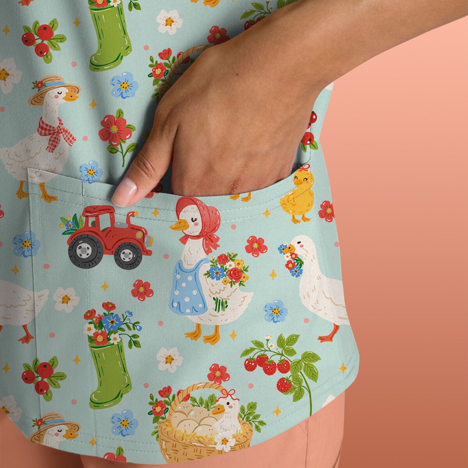 Farm Duck Chicken Tractor Flower Basket Scrub Top, Breathable Fabrics Nursing Uniform