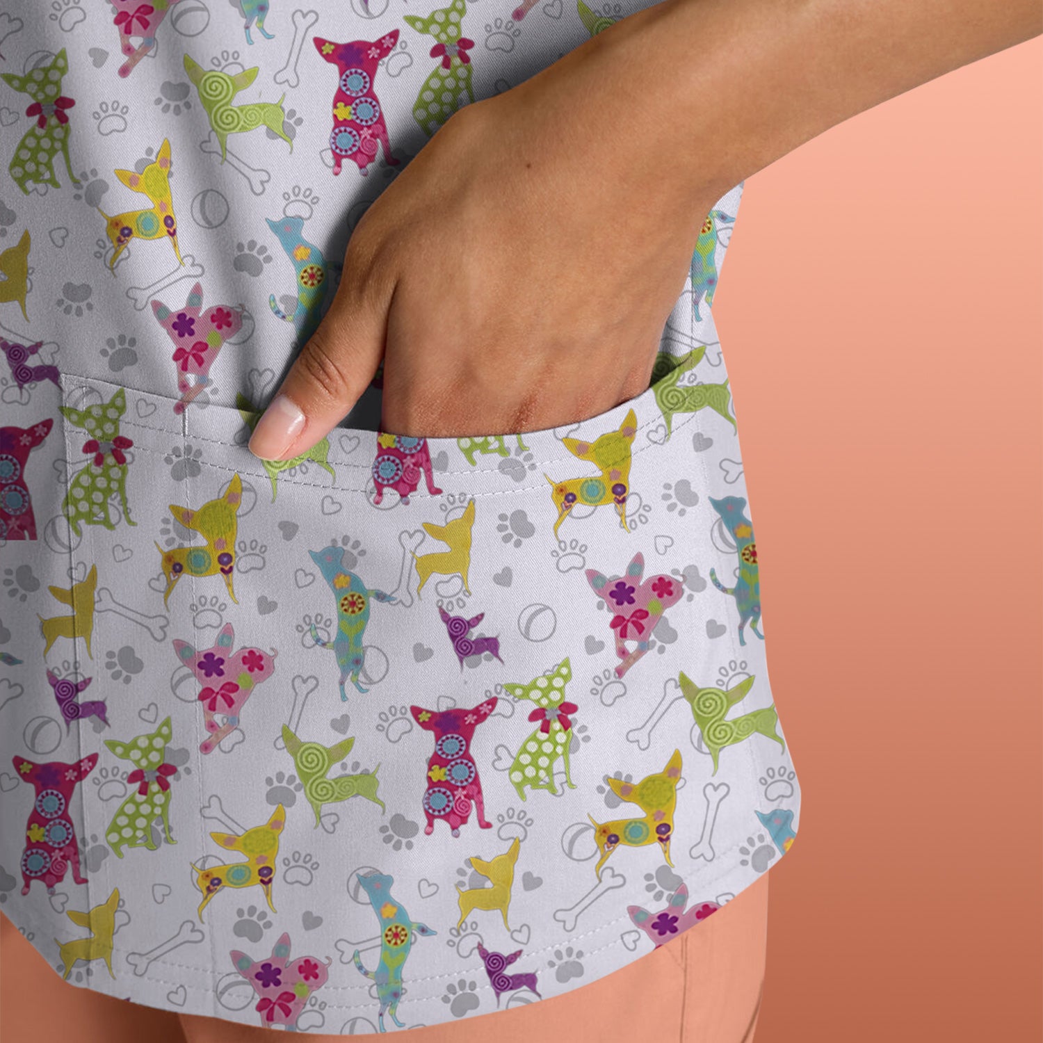 Colorful Playful Dog Print Nurse Scrub Top, Comfortable Scrubs for Nurses