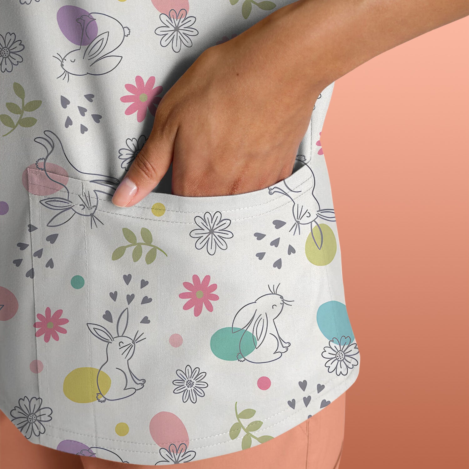 Whimsical Easter Bunny Eggs Pattern Scrub Top, Comfortable Scrubs for Nurses