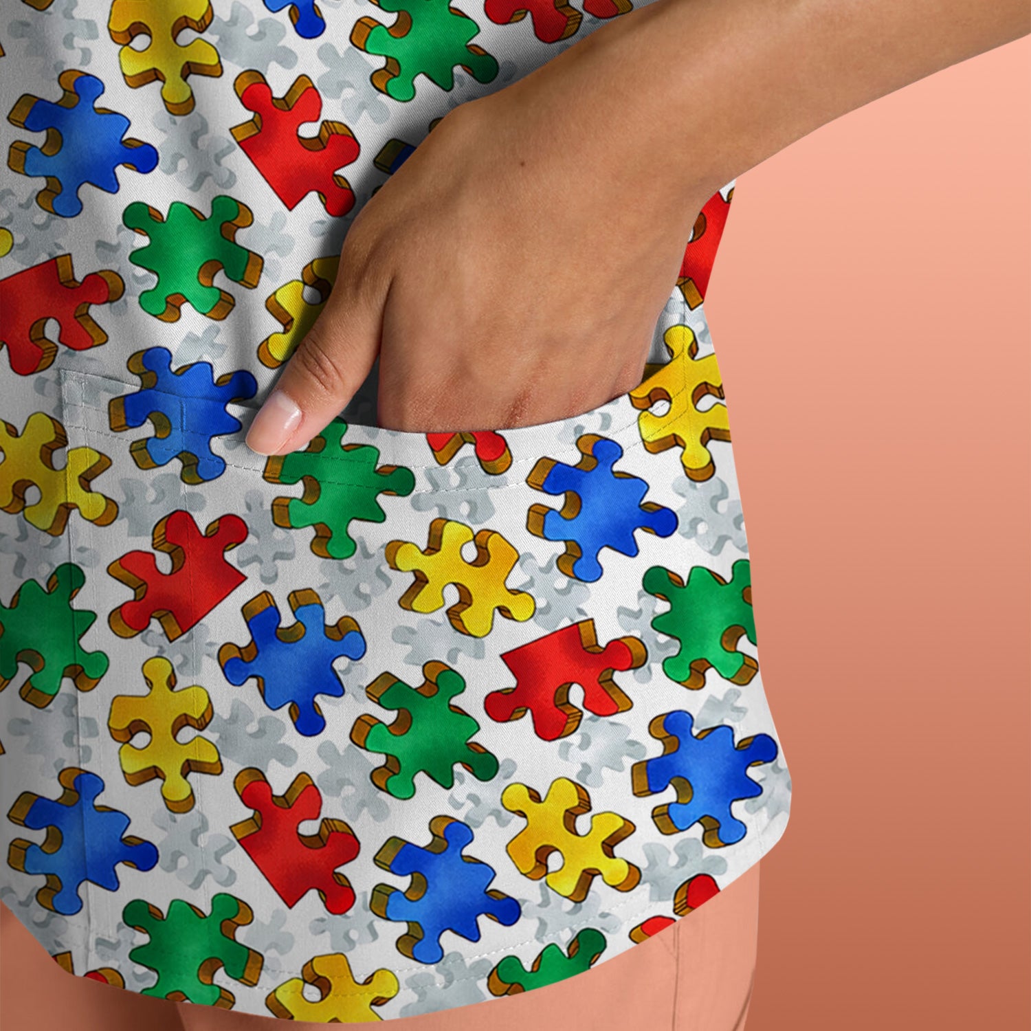 Colorful Autism Puzzle Piece Pattern Scrub Top, Comfortable Scrubs for Nurses
