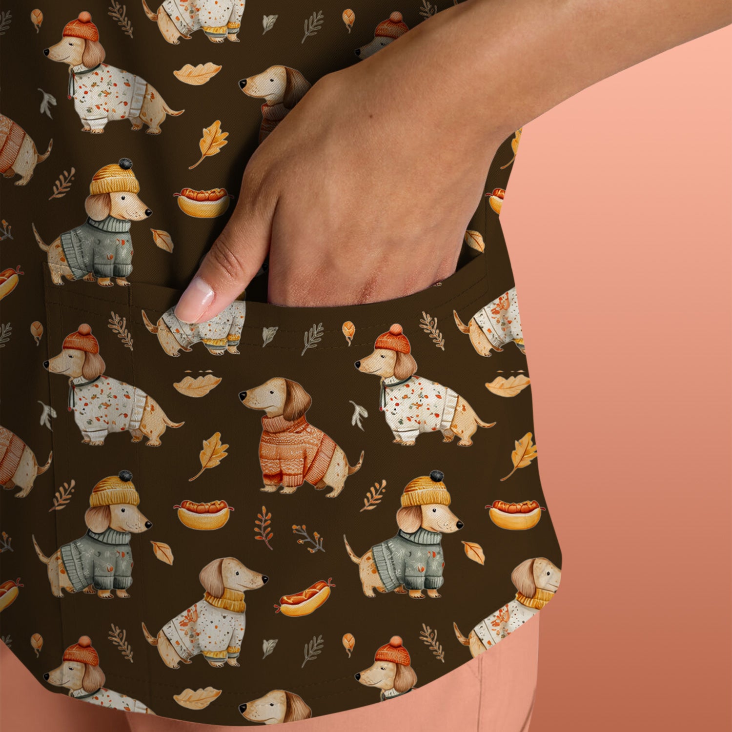 Autumn Dachshund Dog Sweater Print Scrub Top, Comfortable Scrubs for Nurses