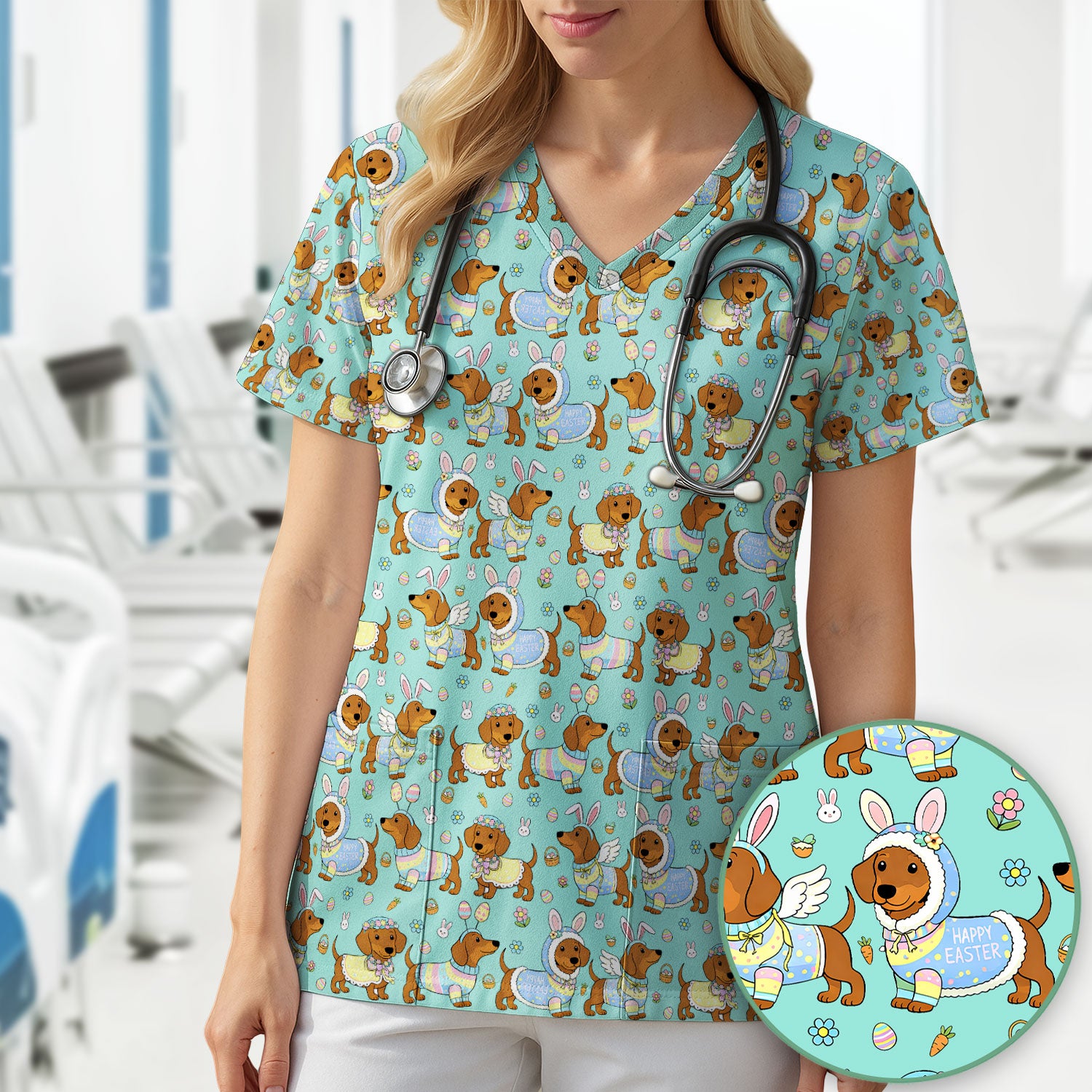 Easter Dachshund Bunny Print Scrub Top, Breathable Fabrics Nursing Uniform