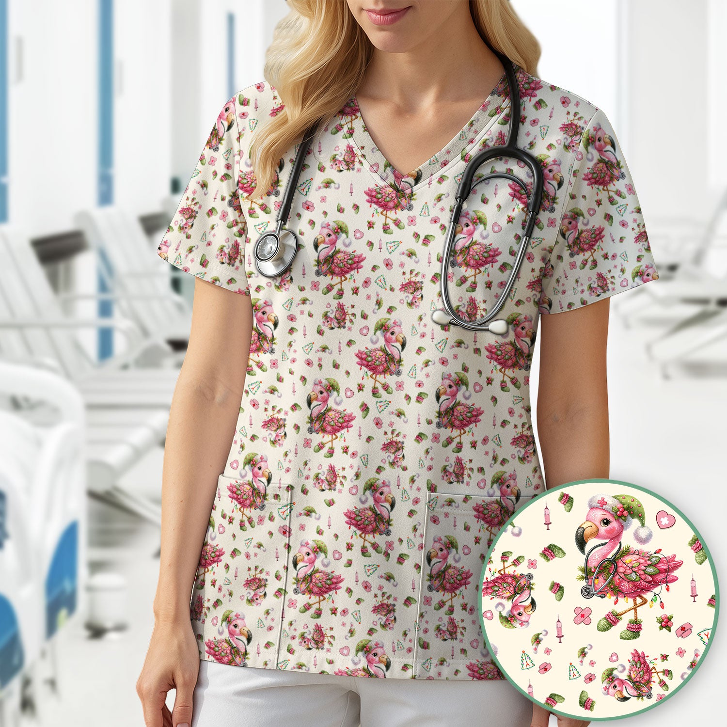 Flamingo Scrub Top for Nurse - Funny Christmas Medical Shirt - Holiday Christmas Gift for Healthcare Workers