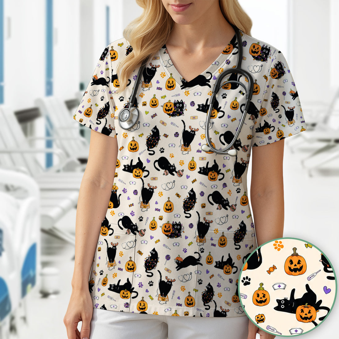 Pumpkin Black Cat Pattern Scrub Top, Comfortable Scrubs for Nurses