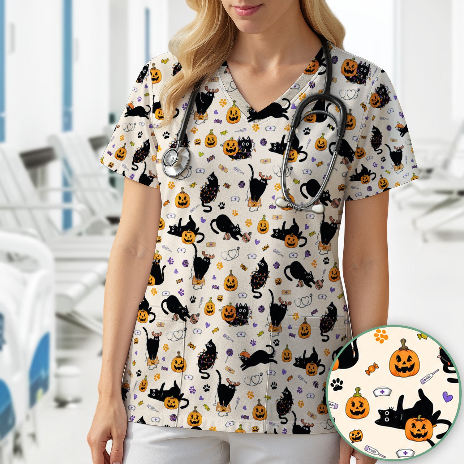 Pumpkin Black Cat Pattern Scrub Top, Comfortable Scrubs for Nurses