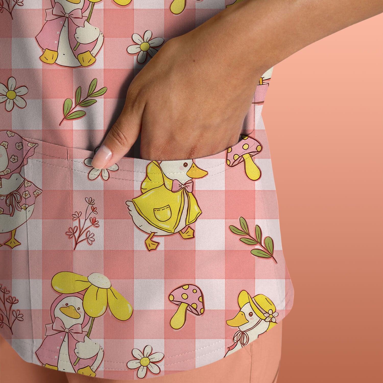 Cute Duck Outfit Gingham Pattern Scrub Top, Comfortable Scrubs for Nurses