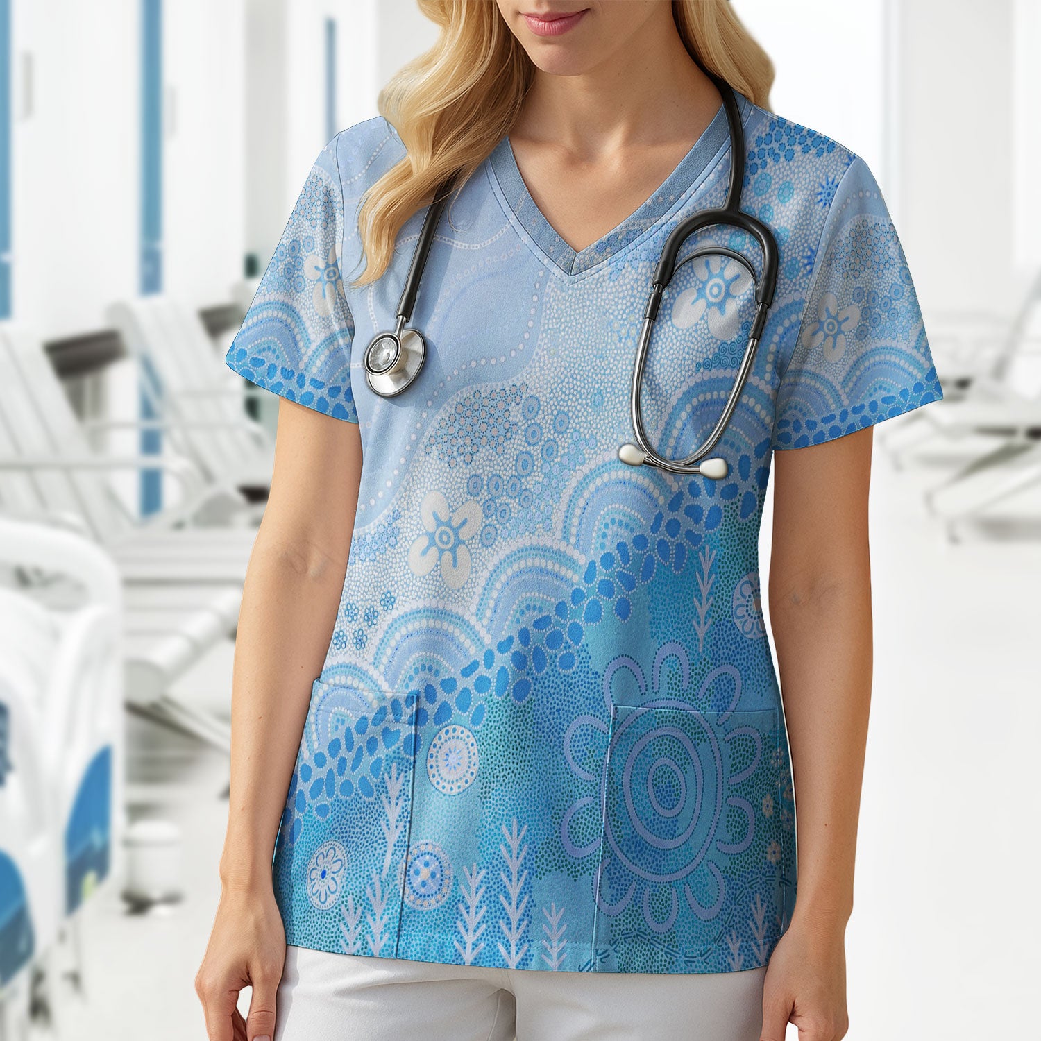 Floral Mandala Dot Pattern Women's Scrub Set, Scrub Pants and V Neck Top