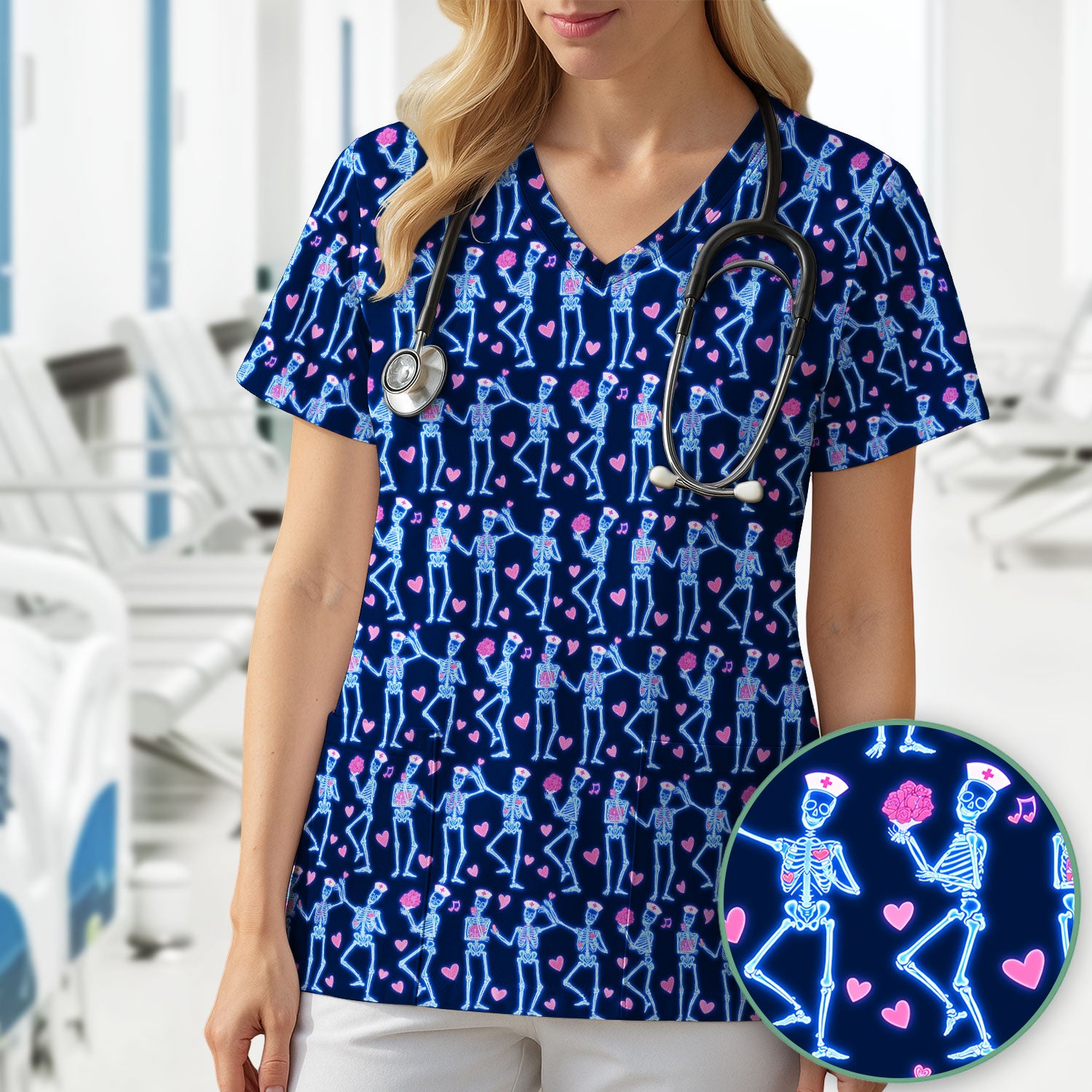 Skeleton Nurse Heart Pattern Scrub Top, Playful Nurse Style, Breathable Fabrics Nursing Uniform