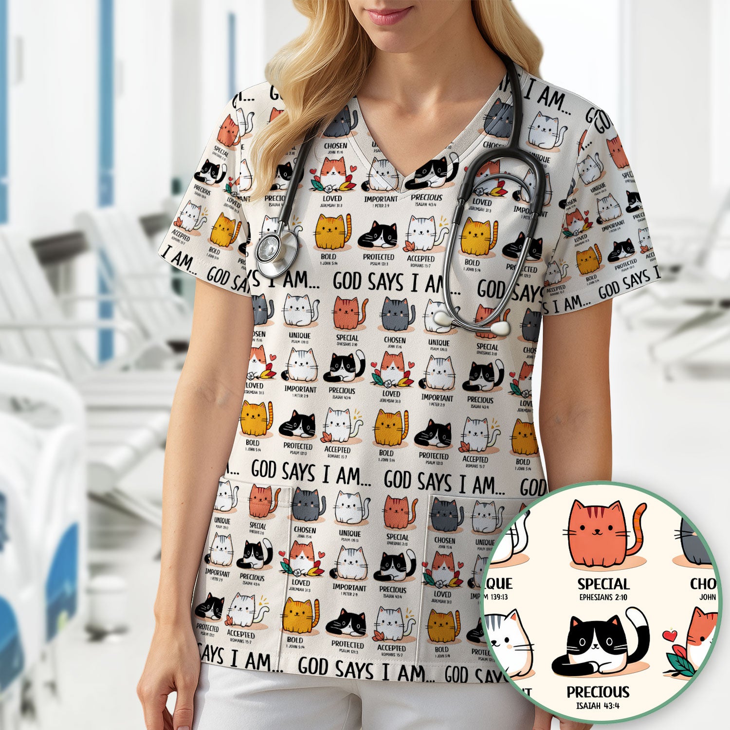 Cute Christian Cat God Says I Am Scrub Top, Comfortable Scrubs for Nurses