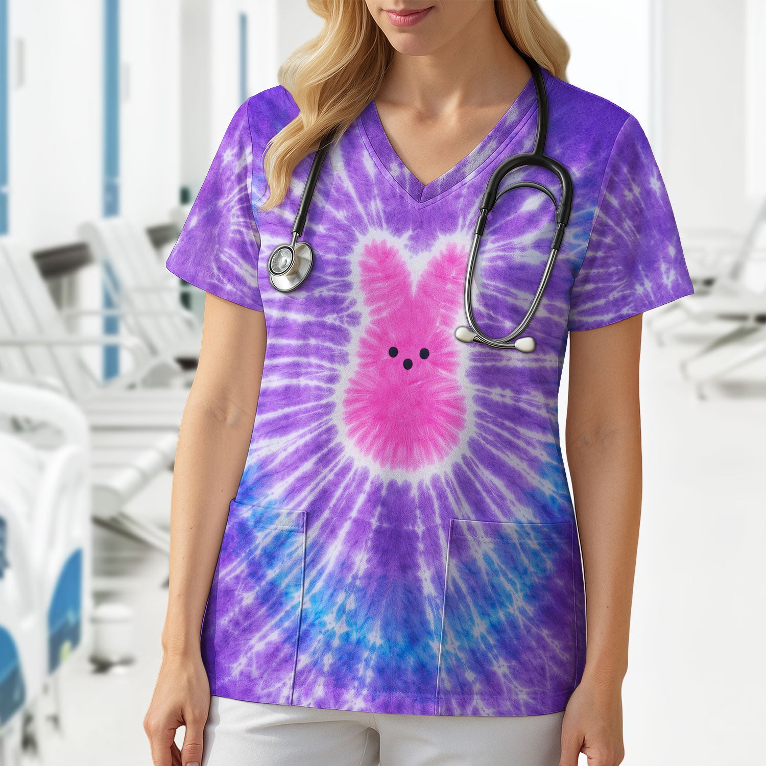 Easter Peep Tie Dye Scrub Top, Easter Bunny Nurse Shirt For Women, Breathable Fabrics Nursing Uniform