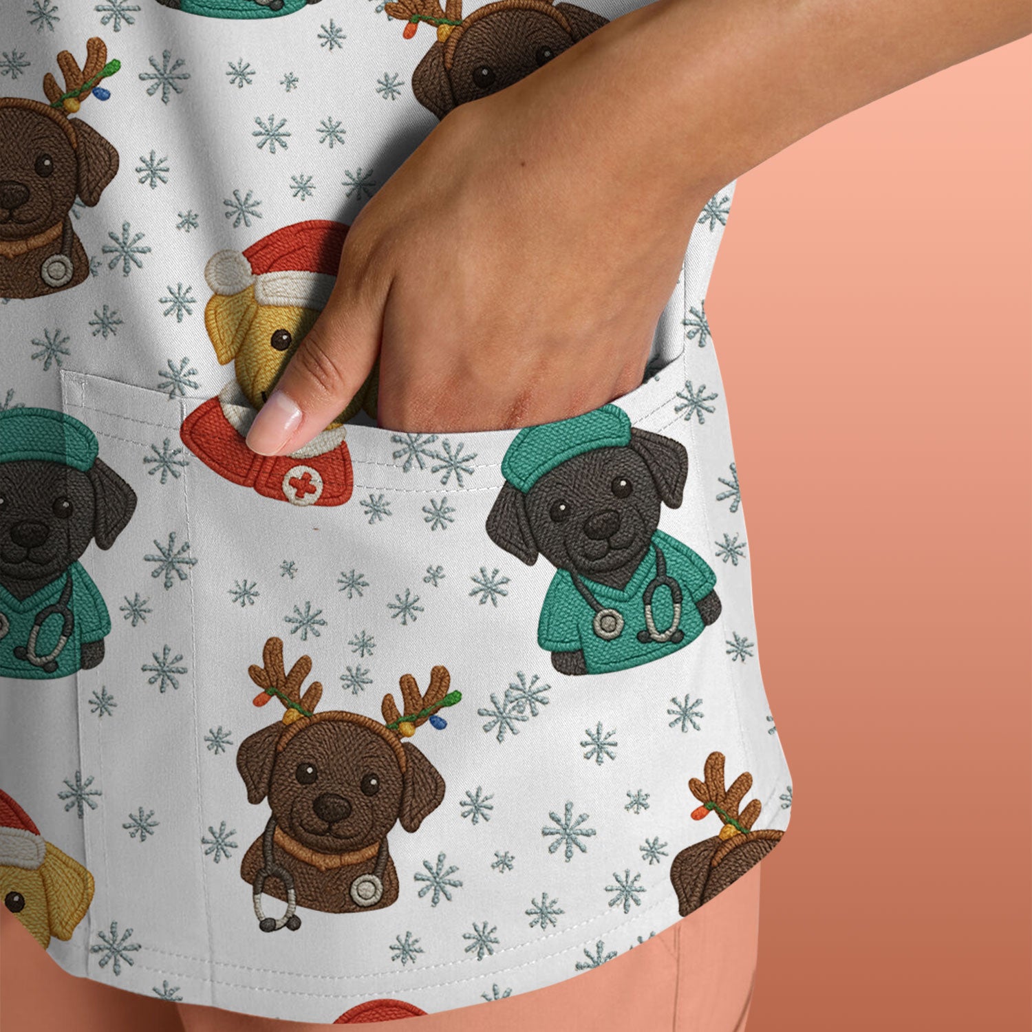 Christmas Dog Pattern Scrub Top, Cute Puppy Nurse Scrub Shirt, Holiday Nursing Uniform