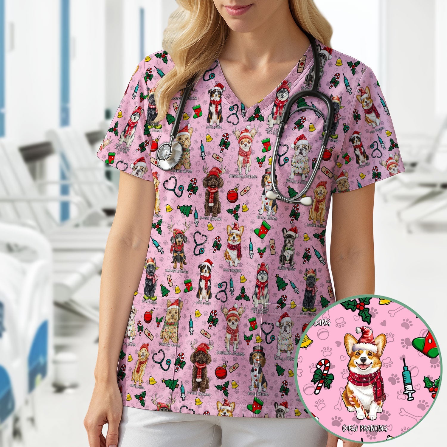 Christmas Dog Scrubs for Nurses – Dachshund, Husky, Poodle, Corgi & Labrador Holiday Scrub Top – Funny Santa Pattern Medical Shirt