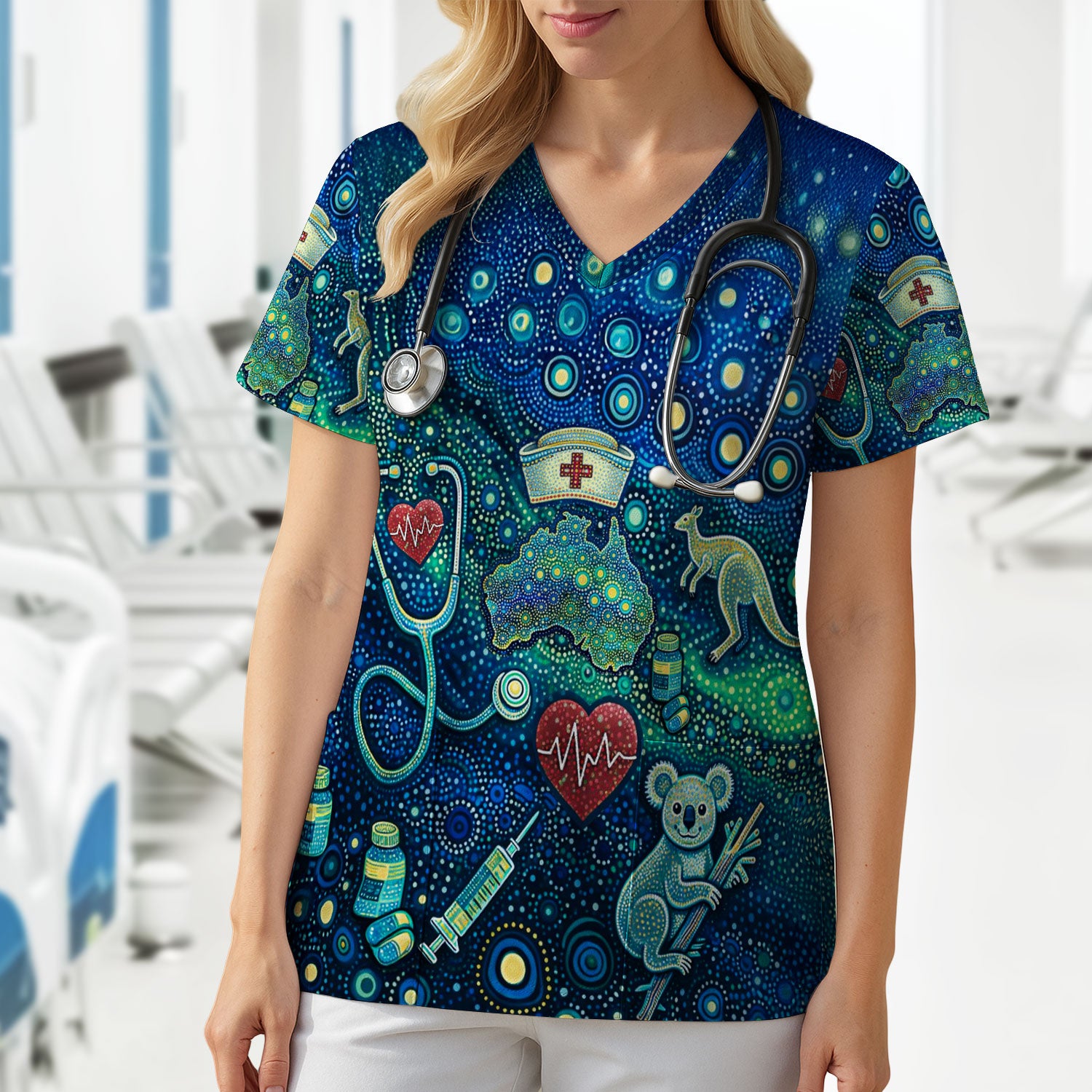Aboriginal Nurse Australia Scrub Top, Kangaroo Koala Dot Art Medical Pattern Shirt, Breathable Fabrics Nursing Uniform