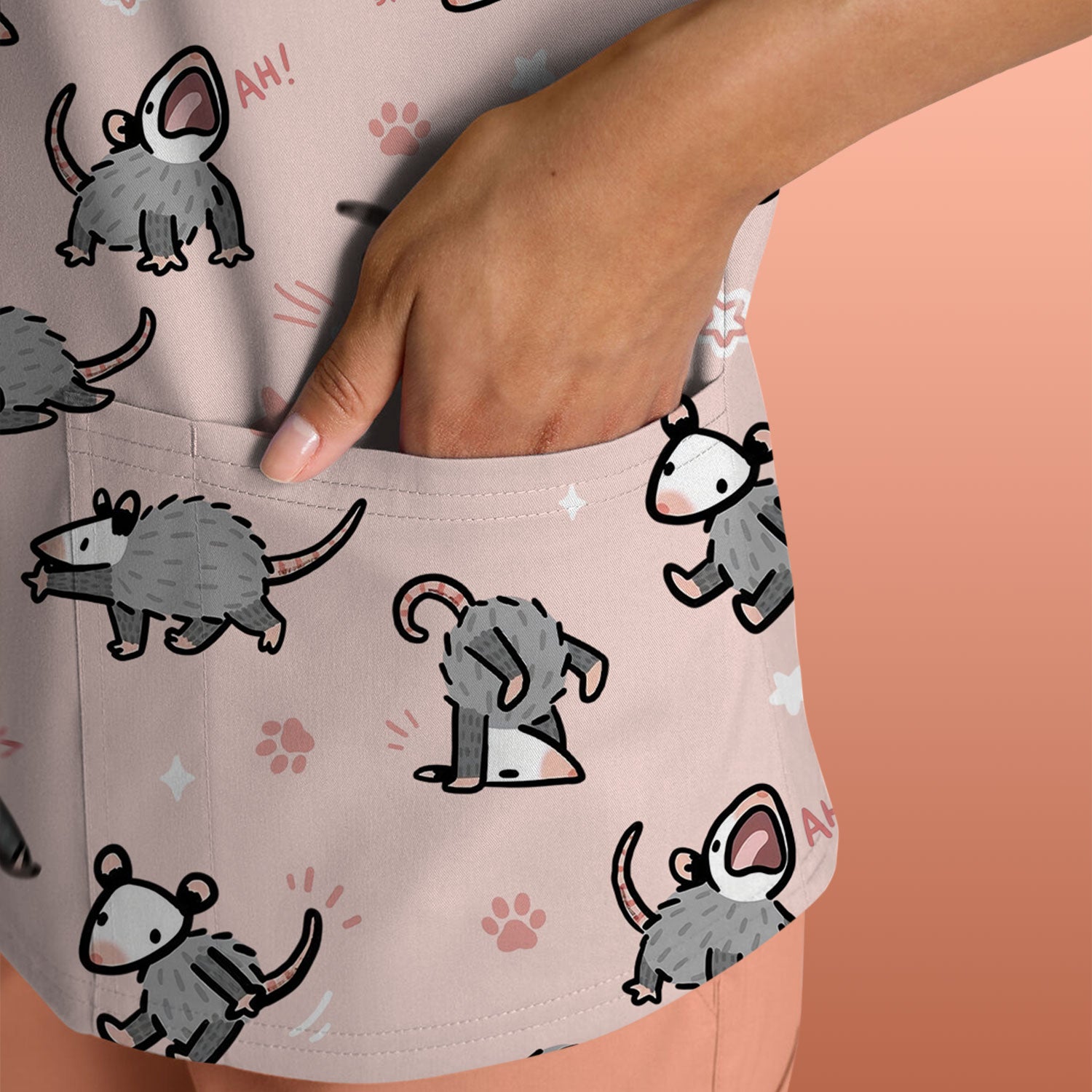 Playful Cartoon Opossum Character Pattern Scrub Top, Breathable Fabrics Nursing Uniform
