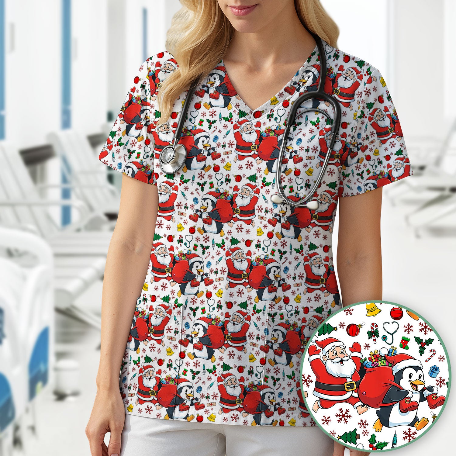 Funny Penguin Christmas Scrub Top - Santa Holiday Nurse Uniform for Women - Medical Gift for RN CNA LPN