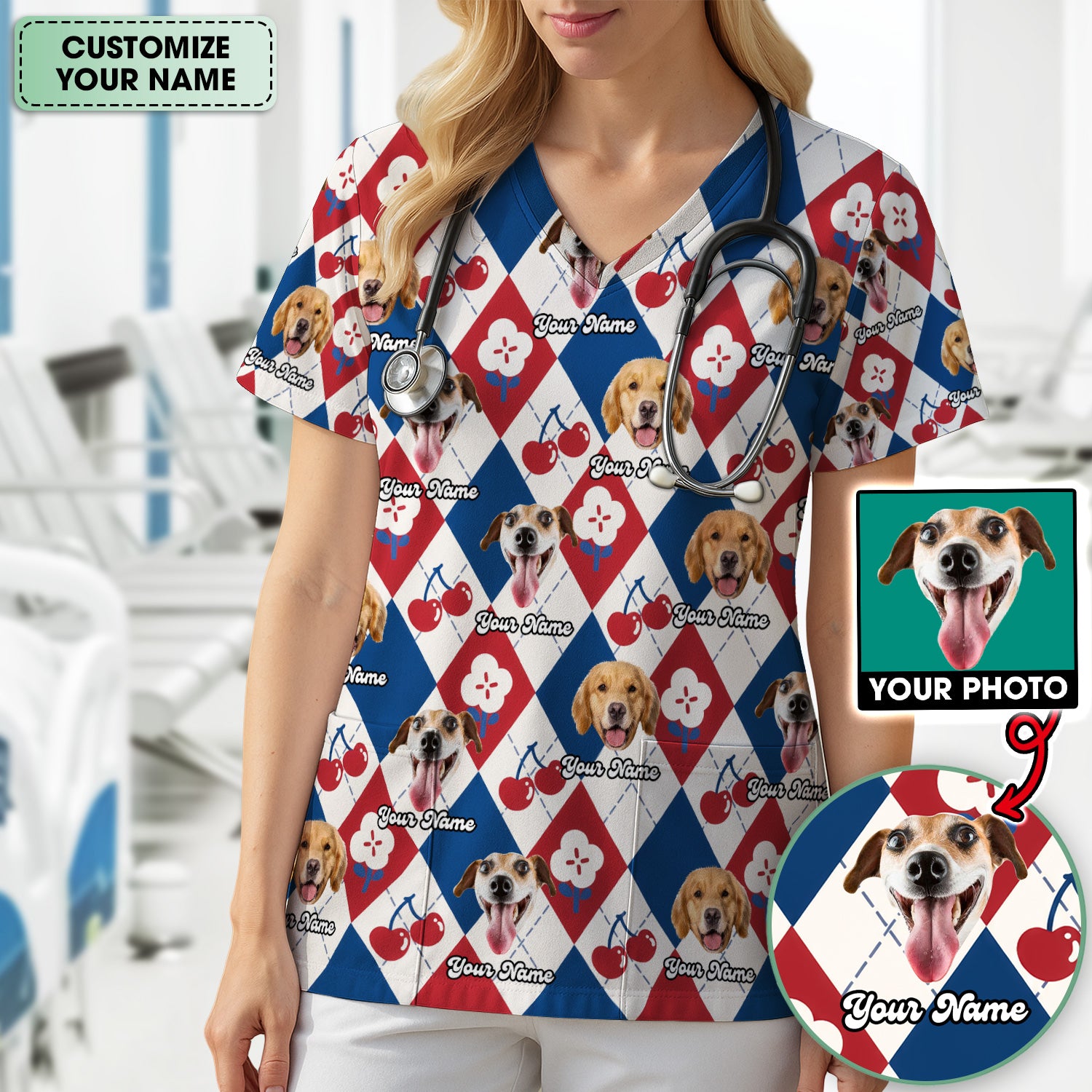 Custom Dog Face Scrub Top, Playful Dog Cherry Argyle Pattern Shirt, Comfortable Scrubs for Nurses