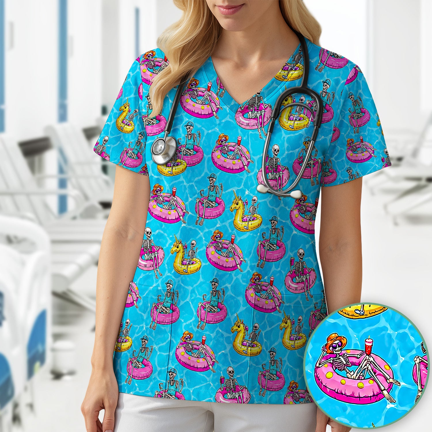 Summerween Skeleton with Pool Float Print Scrub Top, Comfortable Scrubs for Nurses