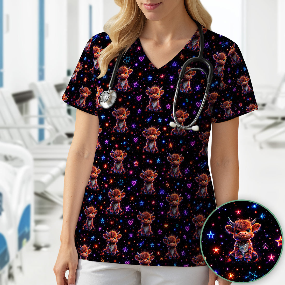 Neon Highland Cow Stars Pattern Scrub Top, Comfortable Scrubs for Nurses