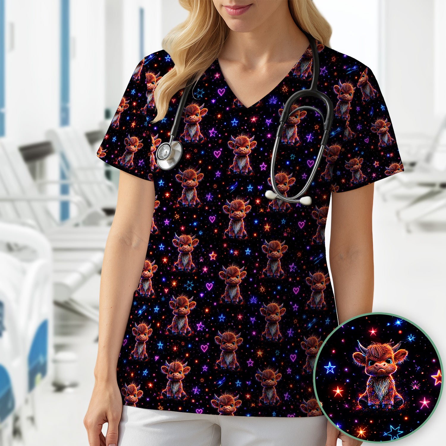 Neon Highland Cow Stars Pattern Scrub Top, Comfortable Scrubs for Nurses