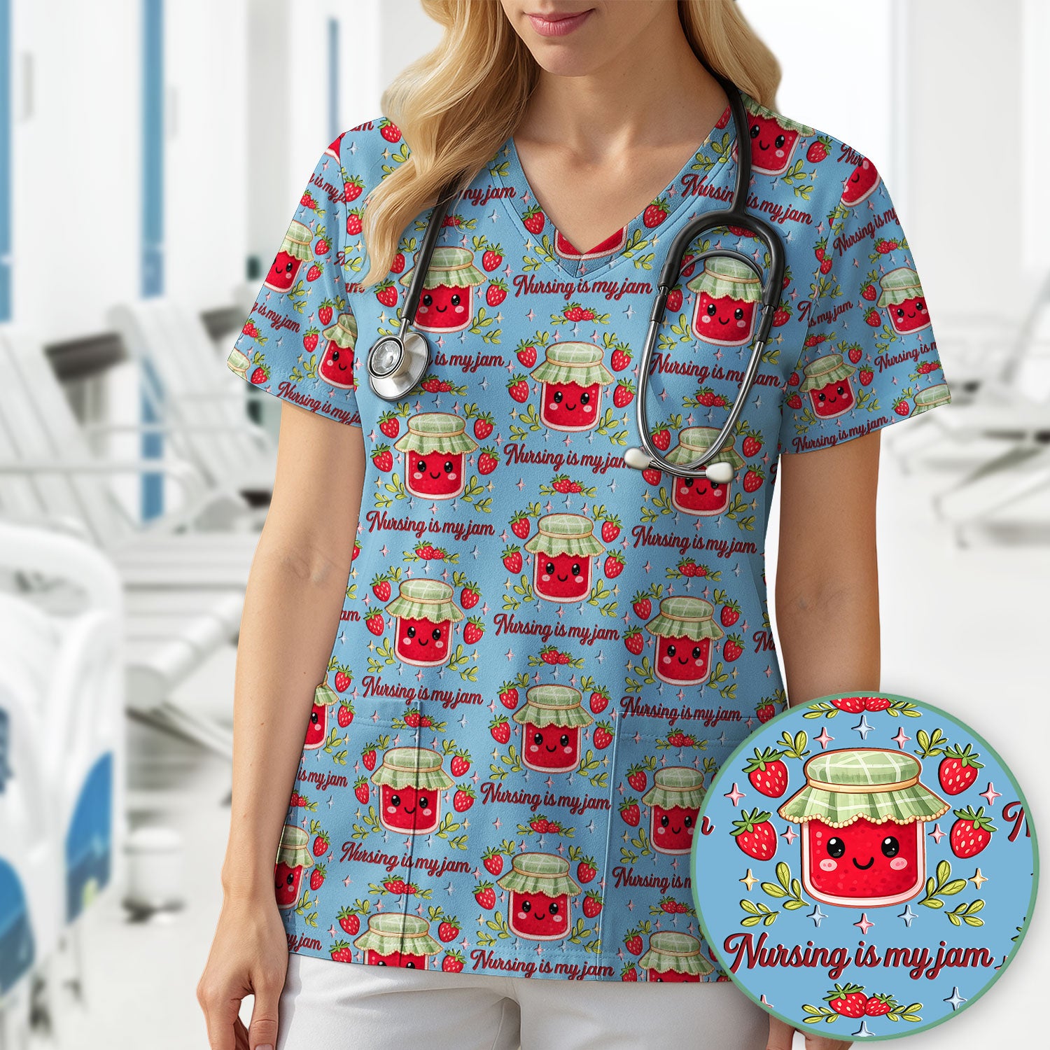 Cute Strawberry Jam Nurse Pattern Scrub Top, Breathable Fabrics Nursing Uniform