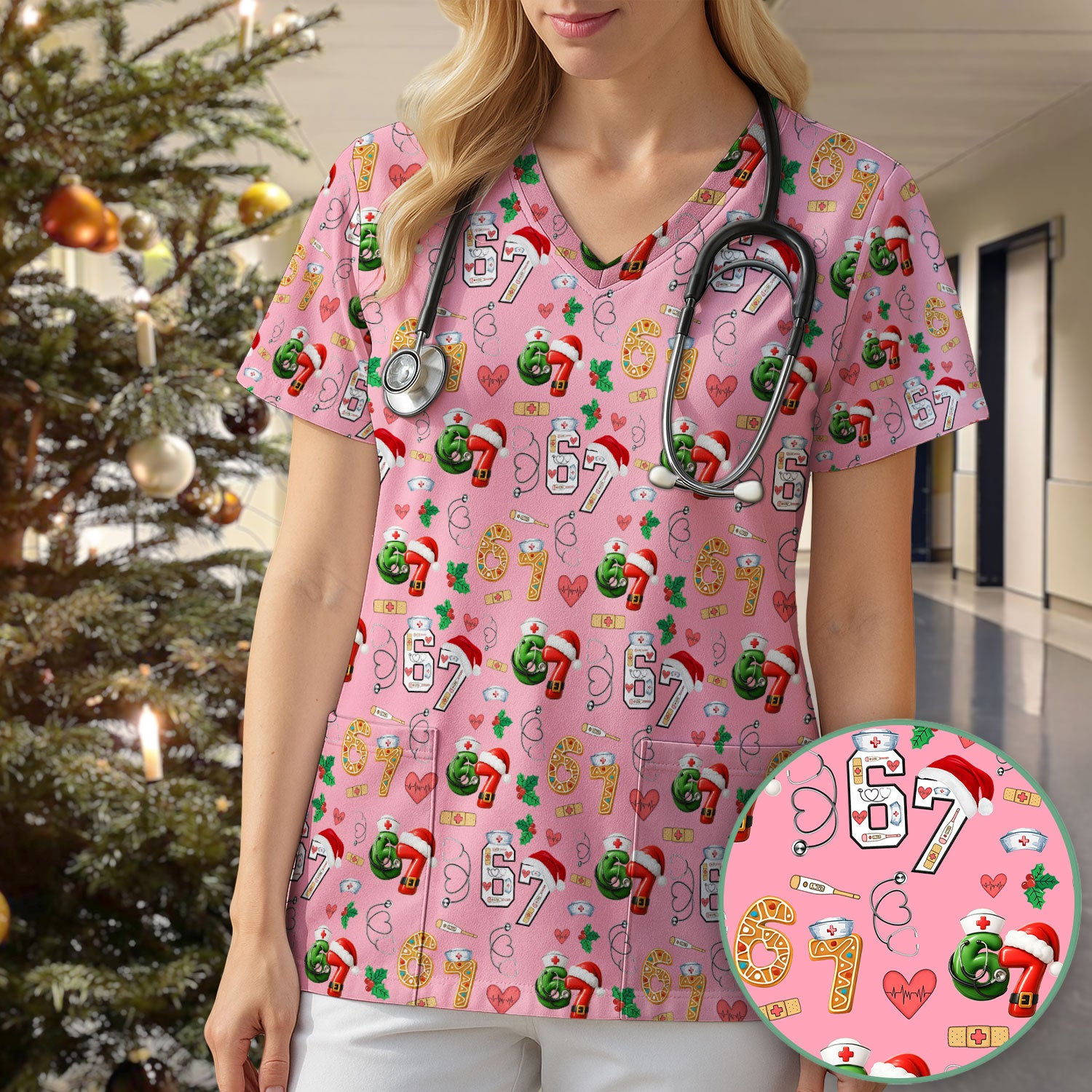 Christmas Nurse 67 Pattern Scrub Top, Cute Holiday Medical Shirt With Santa Hat, Uniform For Nursing