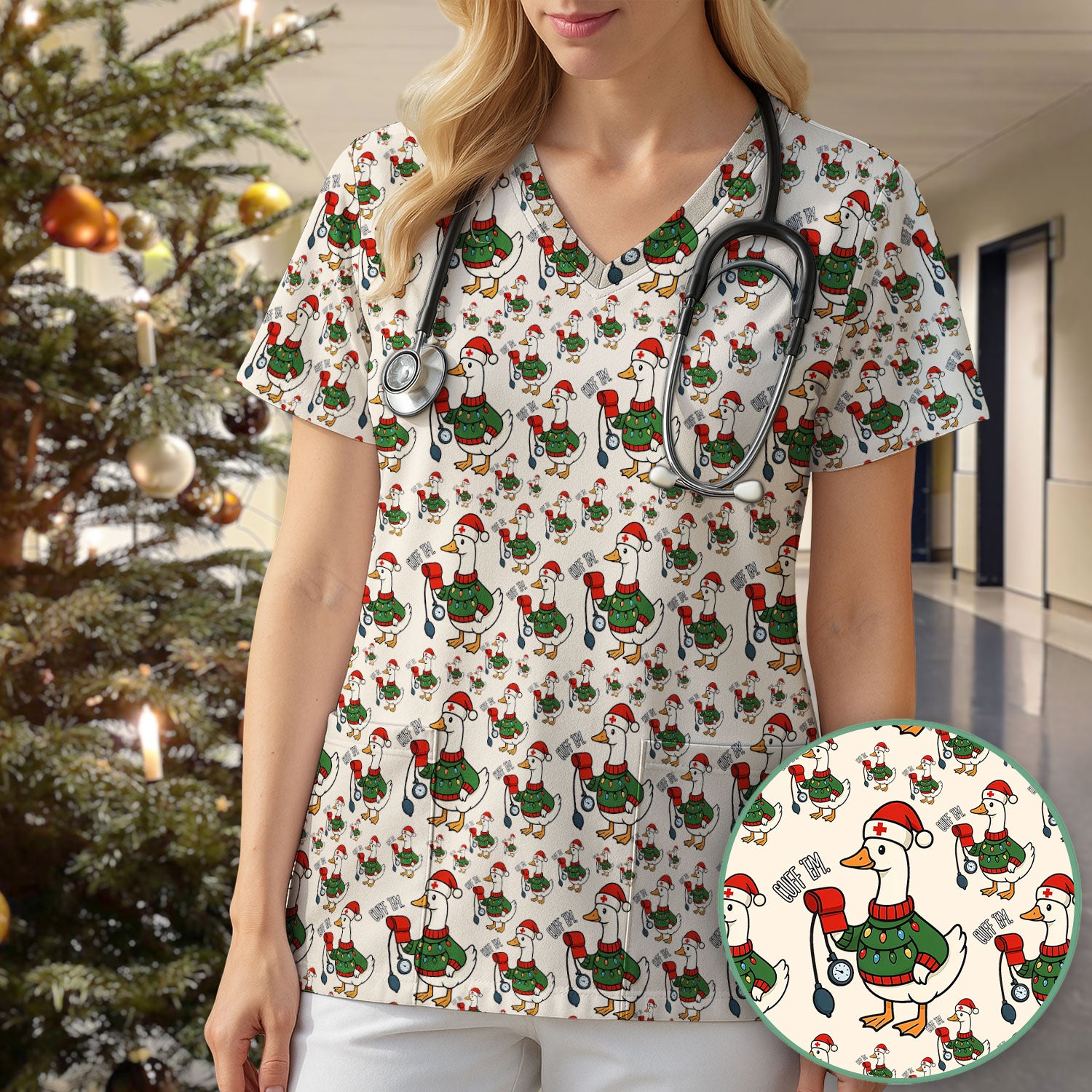 Nurse Christmas Duck Scrub Top, Cute Goose Pattern Scrub Shirt, RN LPN CNA Nursing Uniform