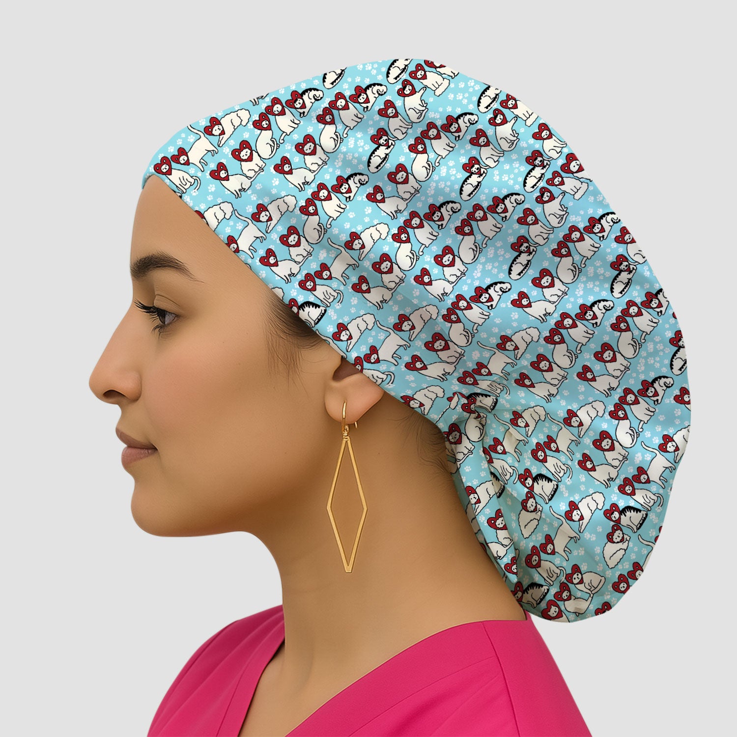 Cute Cat Heart Pattern Scrub Cap, Funny Cat Scrub Hat For Nurses, Breathable Fabrics Nursing Uniform
