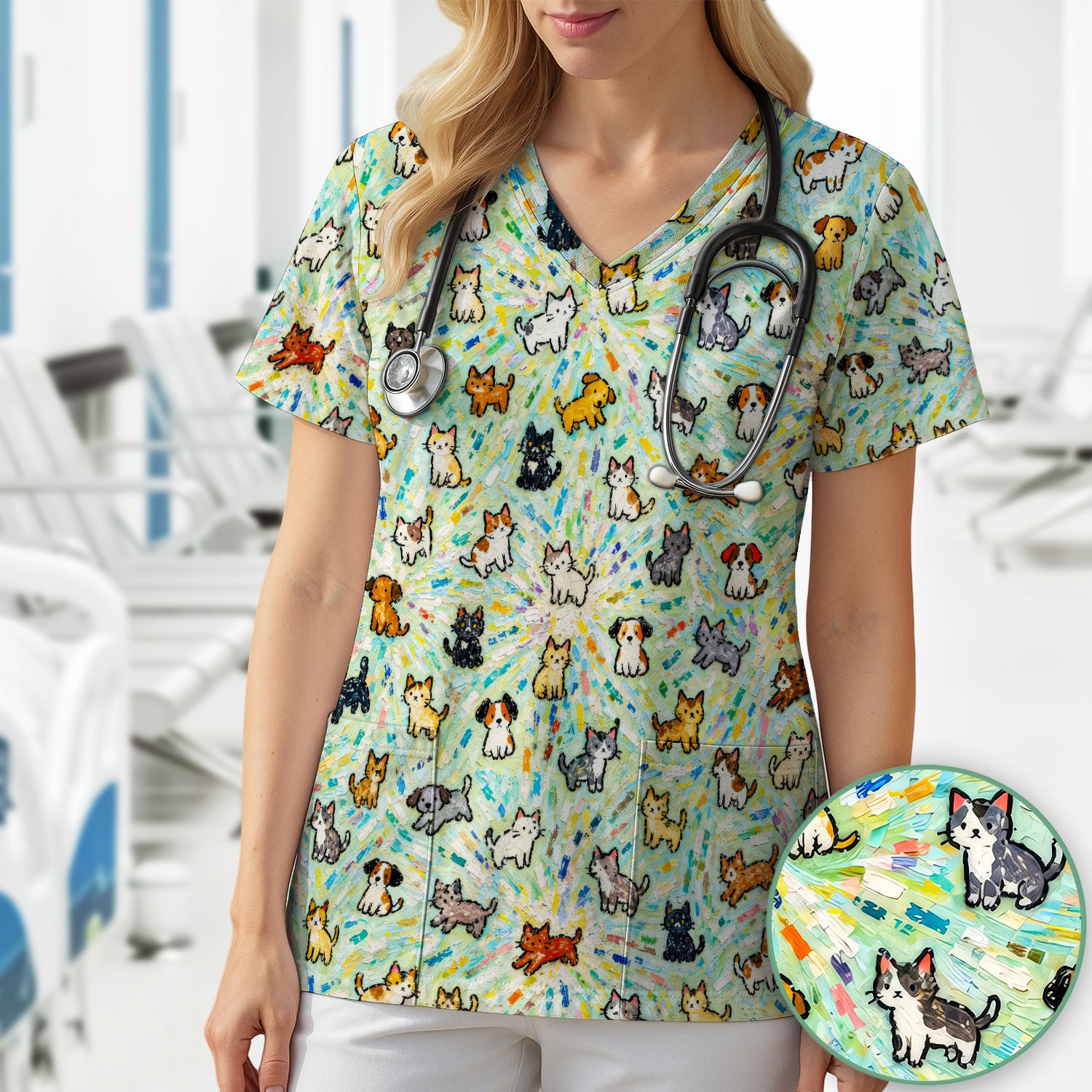 Colorful Cats Dogs Doodle Pattern Scrub Top, Comfortable Scrubs for Nurses