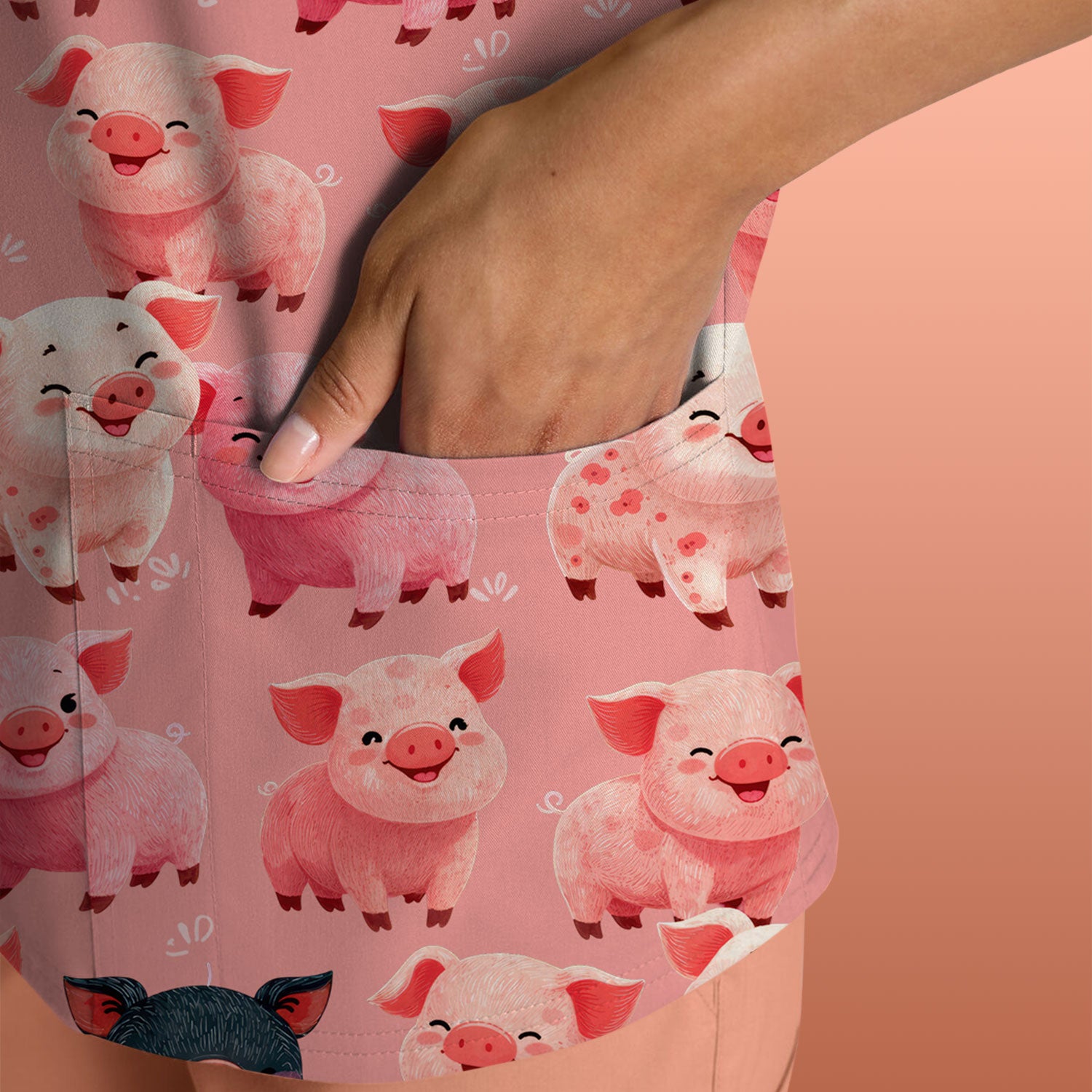 Funny Farm Pig Cartoon Pattern Scrub Top, Comfortable Scrubs for Nurses