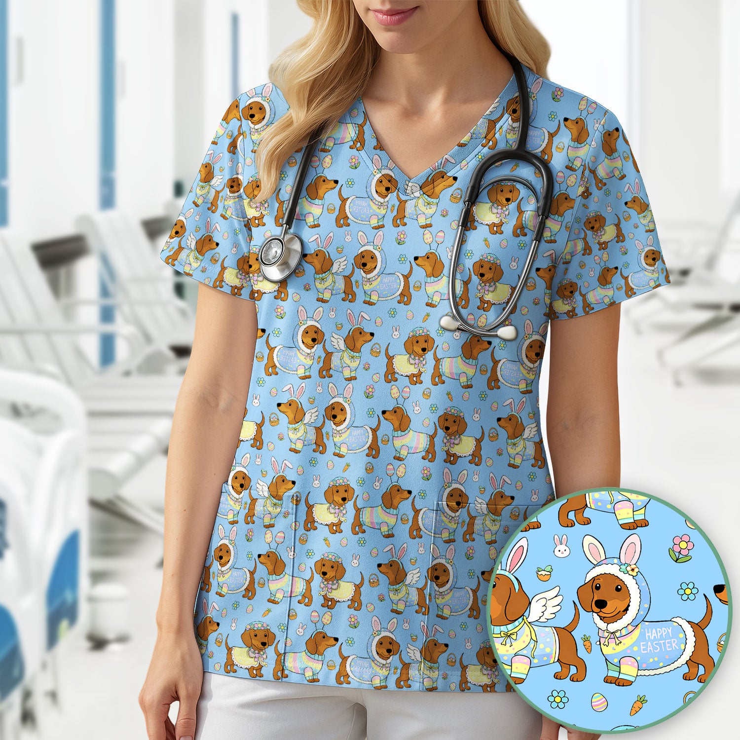 Easter Dachshund Bunny Print Scrub Top, Breathable Fabrics Nursing Uniform