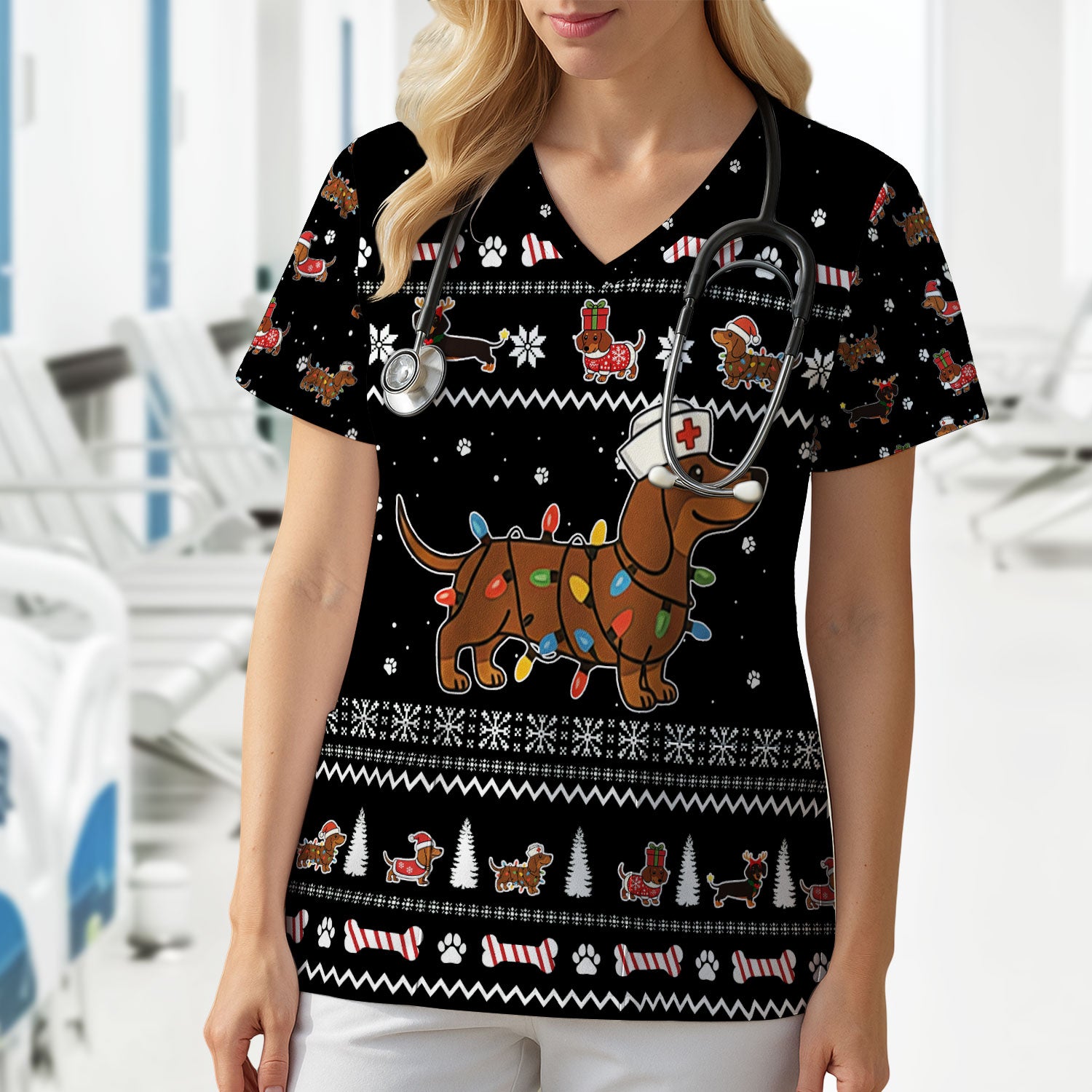 Christmas Dachshund Nurse Scrub Top for Women - Cute Sausage Dog Wearing Lights - Funny Holiday Medical Shirt Gift for RN CNA LPN