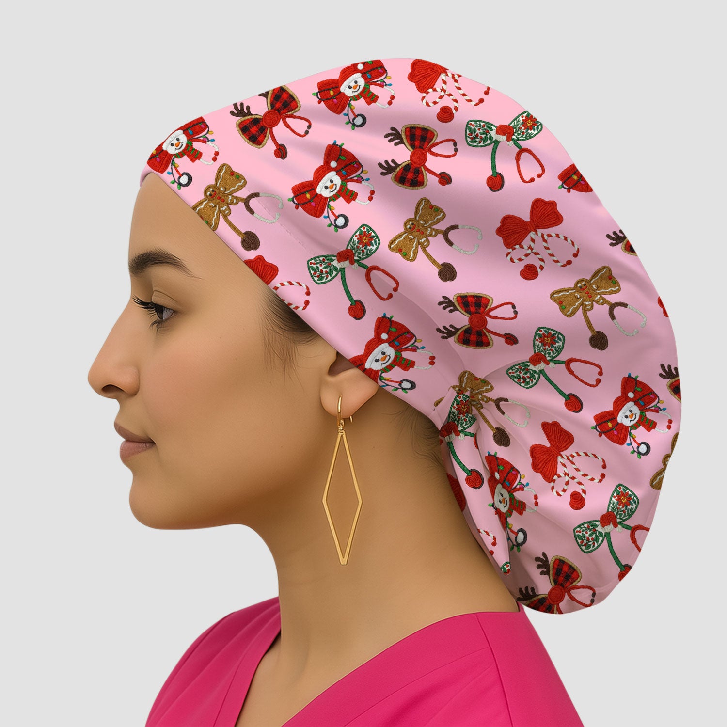 Christmas Stethoscope Bow Nurse Scrub Cap, Xmas Pattern Scrub Hat, Holiday Nursing Uniform