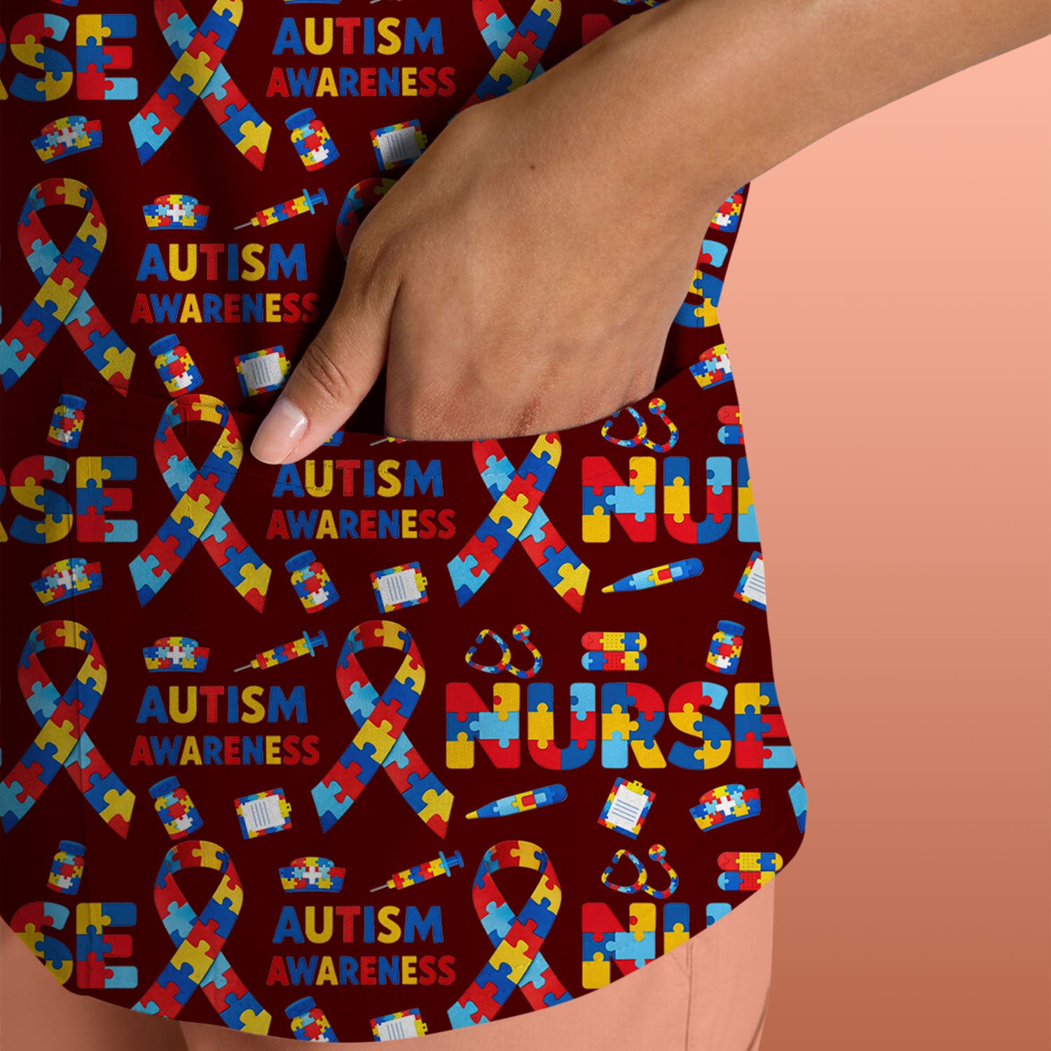 Autism Awareness Nurse Puzzle Ribbon Print Scrubs, Comfortable Scrubs for Nurses