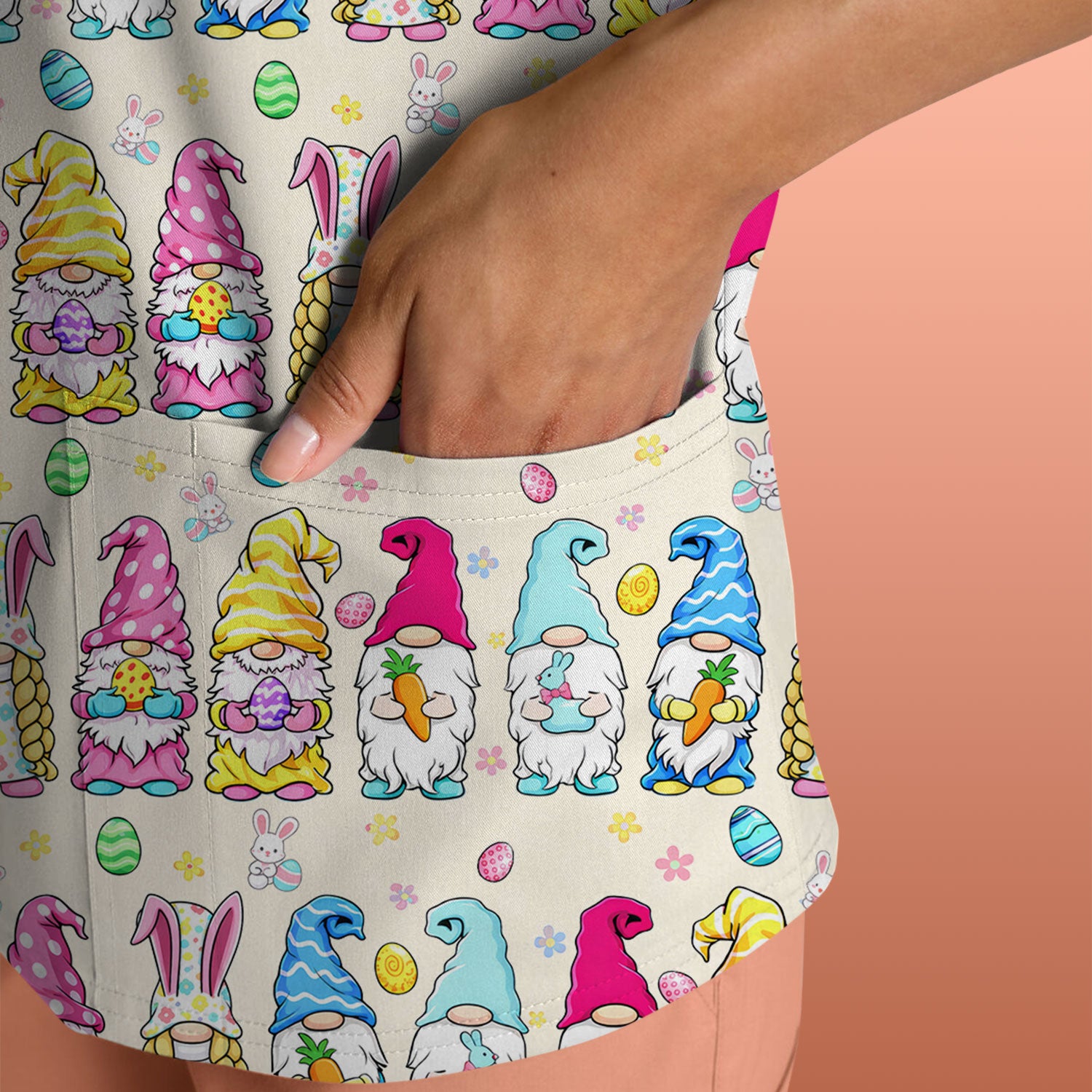 Colorful Easter Gnome Bunny Eggs Print Scrub Top, Comfortable Scrubs for Nurses