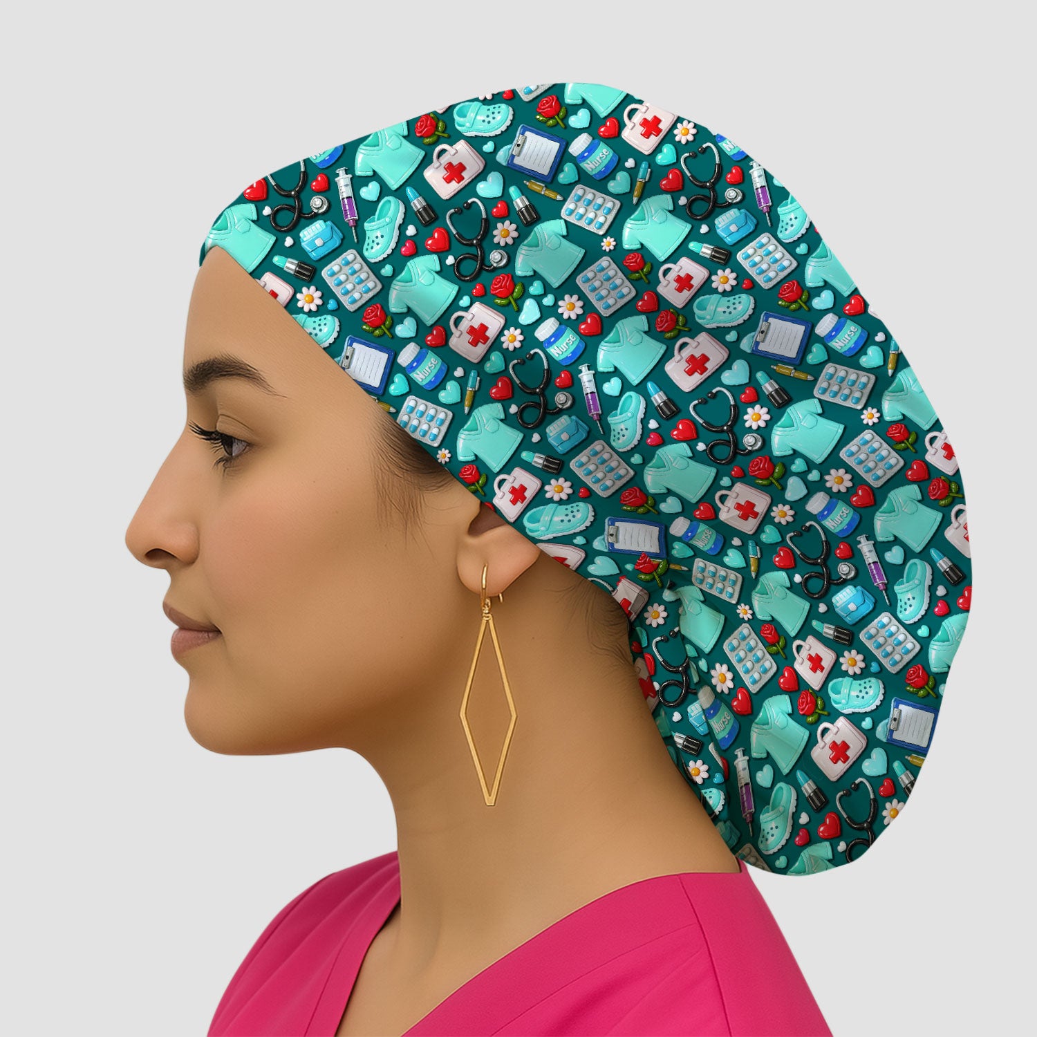 Medical Icons Scrub Cap, Cute Pattern Nurse Hat, Breathable Fabrics Nursing Uniform