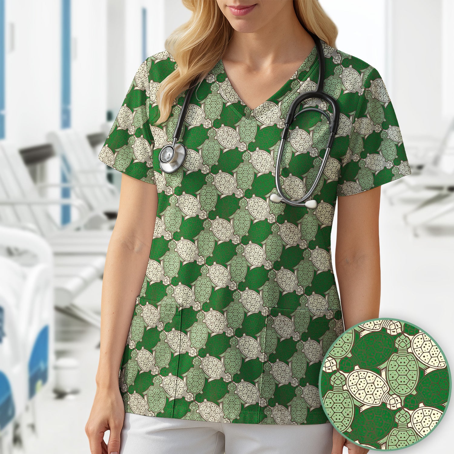 Green Sea Turtle Shell Pattern Scrub Top, Comfortable Scrubs for Nurses
