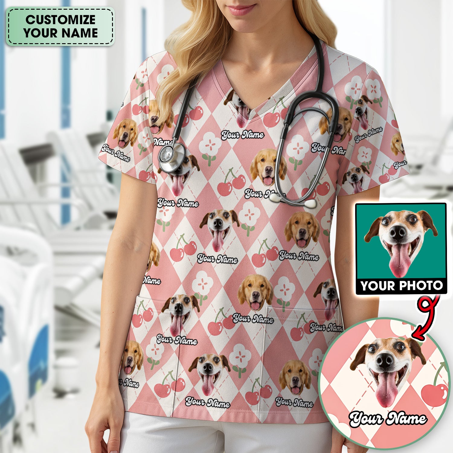 Custom Dog Face Scrub Top, Playful Dog Cherry Argyle Pattern Shirt, Comfortable Scrubs for Nurses