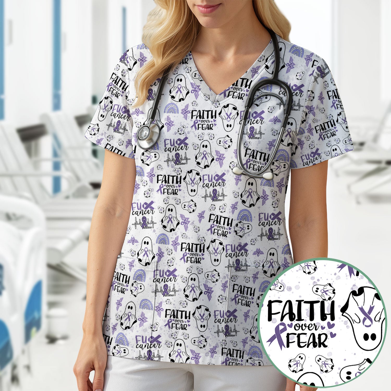 Stomach Cancer Awareness Scrub Top - Periwinkle Blue Ribbon Survivor Shirt - November Warrior Medical Uniform Gift for Women