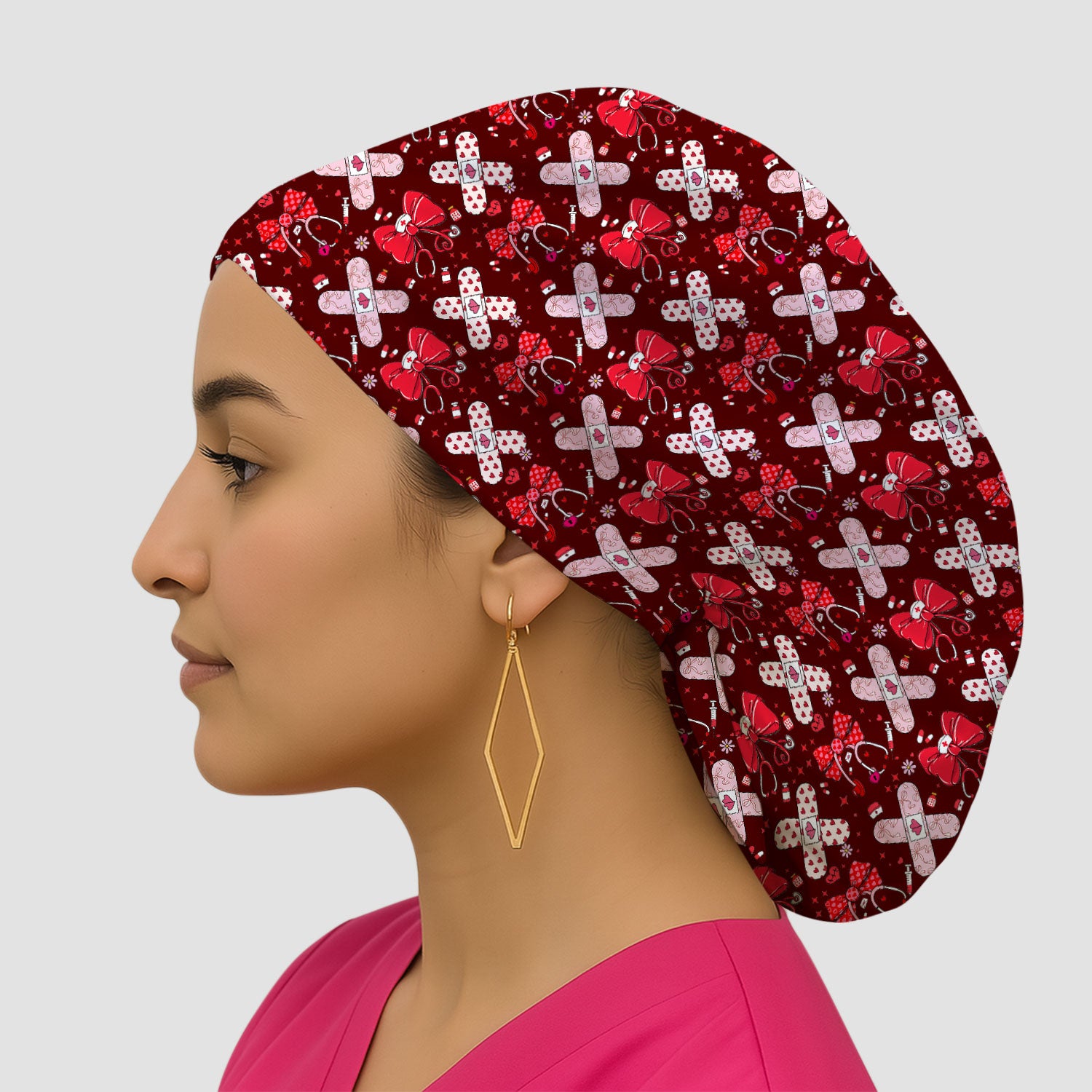 Valentine Nurse Scrub Cap, Red Bow And Heart Bandage Pattern Medical Hat, Breathable Fabrics Nursing Uniform
