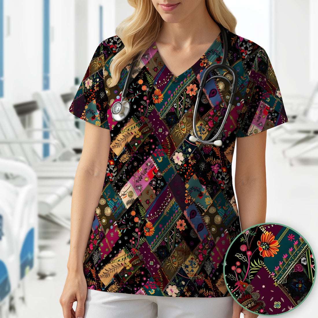 Colorful Bohemian Floral Patchwork Scrub Top, Comfortable Scrubs for Nurses