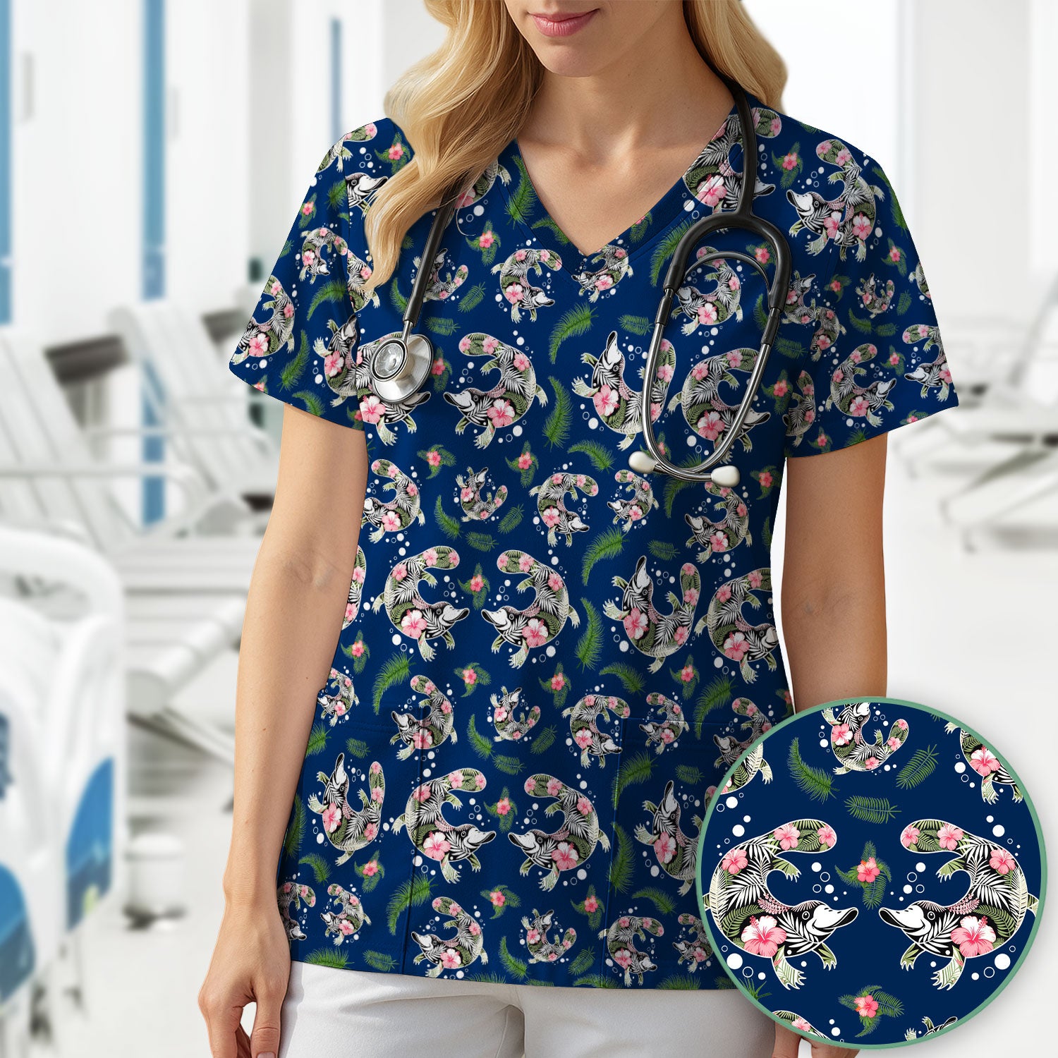 Cute Platypus Scrub Top, Tropical Floral Animal Pattern Nurse Shirt, Breathable Fabrics Nursing Uniform