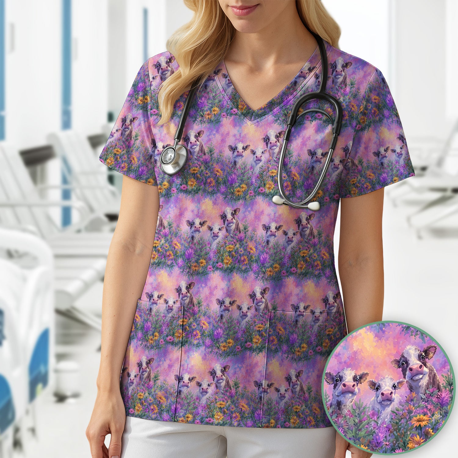 Pastel Cow Meadow Flower Pattern Scrub Top, Comfortable Scrubs for Nurses