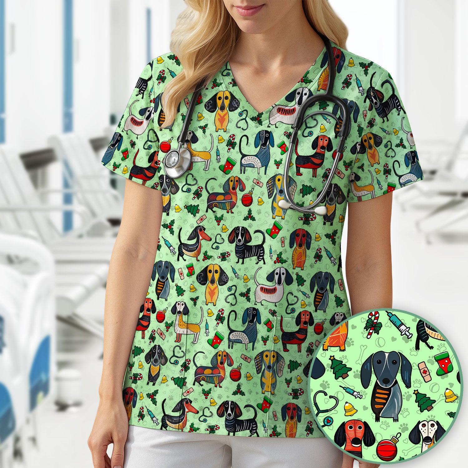 Dachshund Christmas Scrub Top - Cute Wiener Dog Nurse Uniform for Women - Holiday Medical Shirt