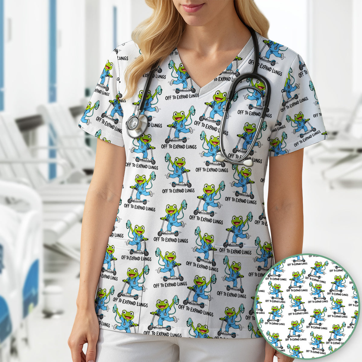 Off To Expand Lungs Frog Pattern Scrub Top, Comfortable Scrubs for Nurses