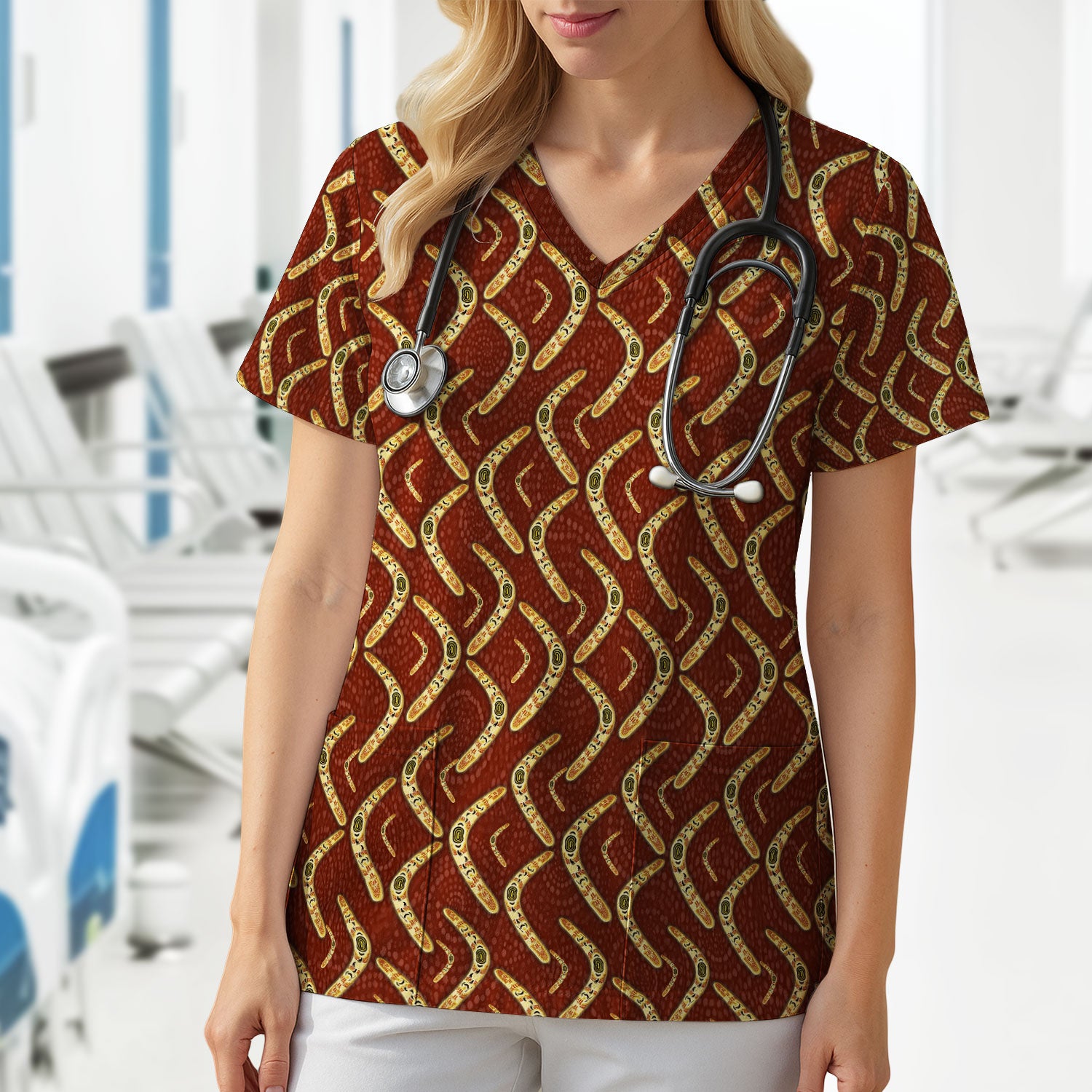 Aboriginal Boomerang Pattern Nurse Scrub Top, Breathable Fabrics Nursing Uniform