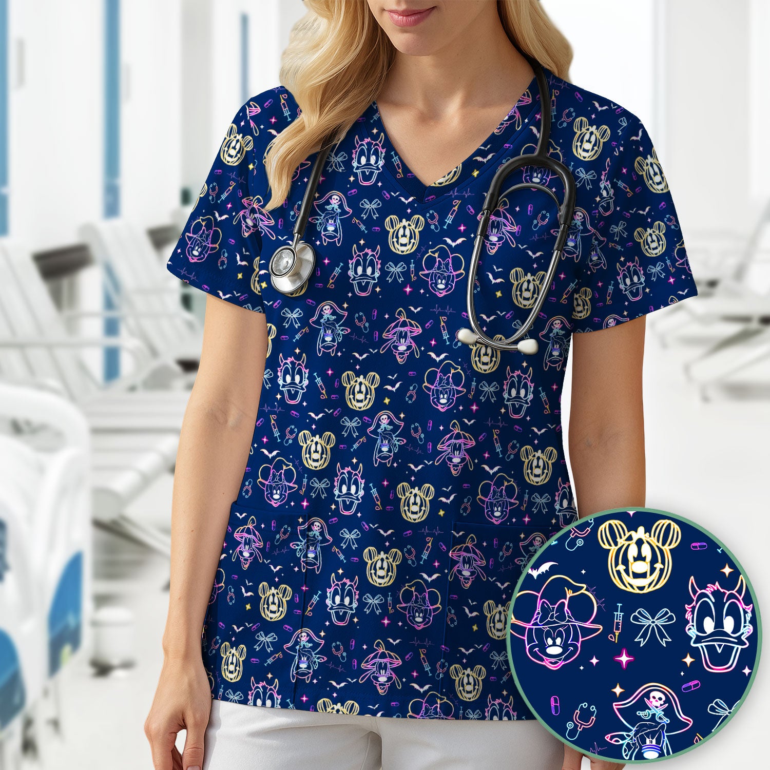 Neon Mouse Halloween Scrub Top for Nurses - Spooky Faces and Scary Pumpkin Shirt - Funny Med Uniform Gift for Women