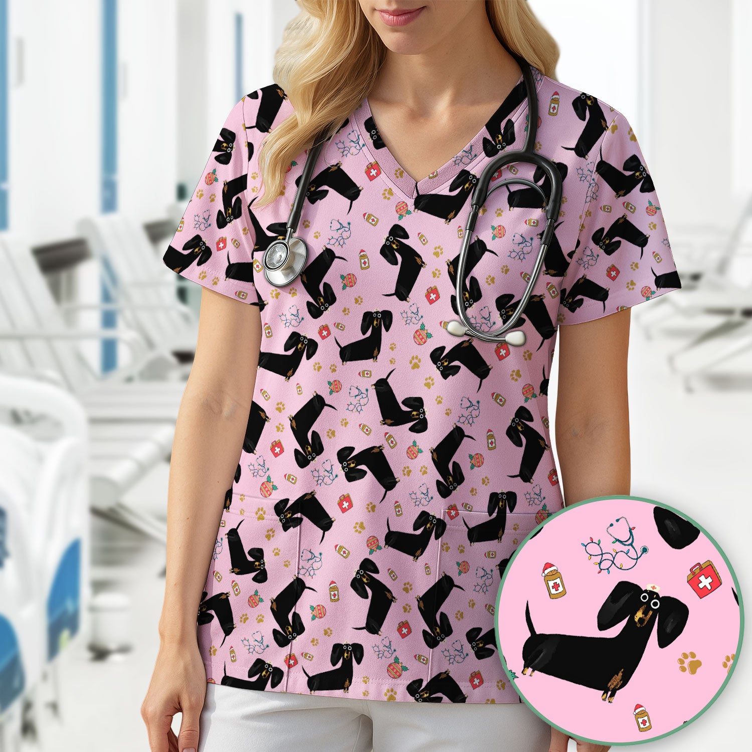 Funny Black Dachshund Scrub Top for Nurses - Cute Wiener Dog Medical Shirt - Puppy Lover Nursing Gift for Women