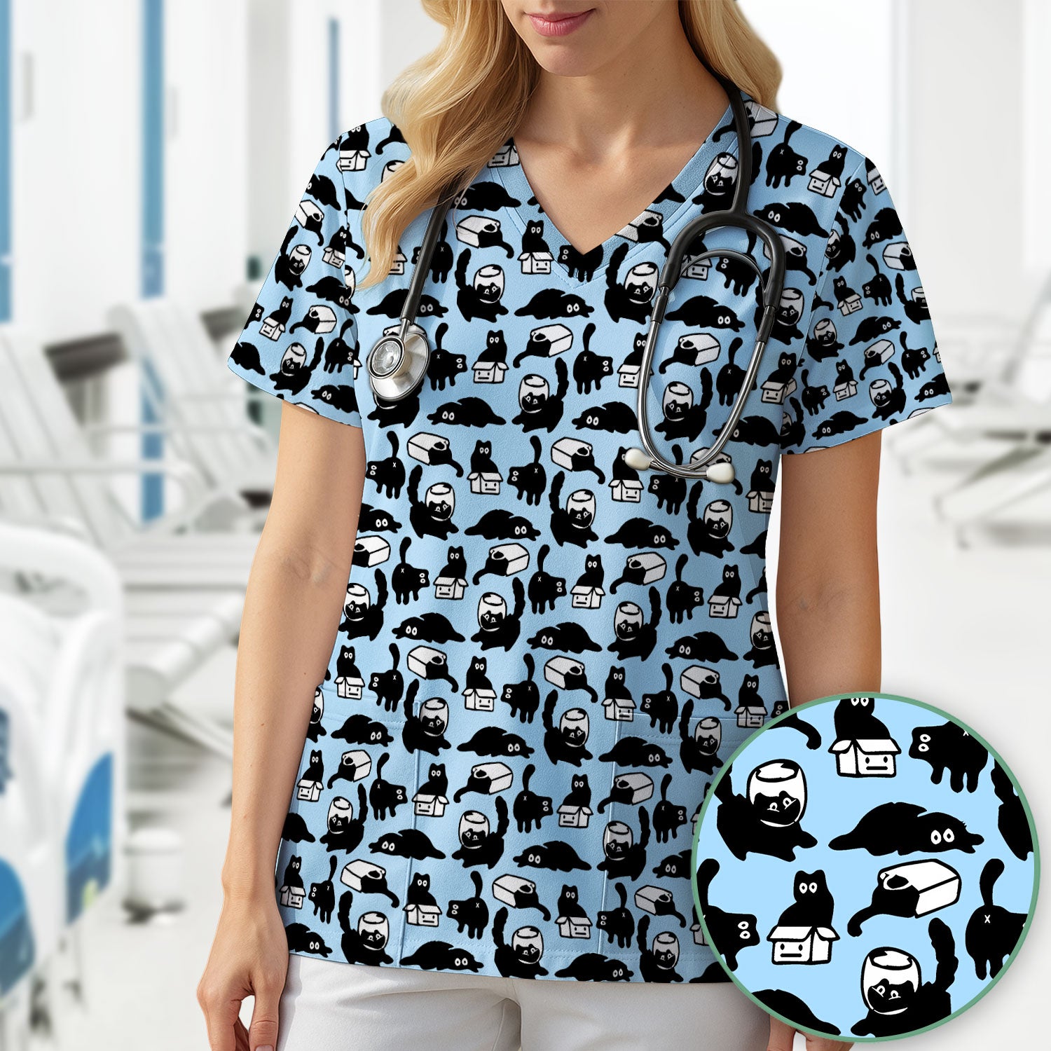 Dark Playful Cat Cartoon Pattern Scrub Top, Comfortable Scrubs for Nurses